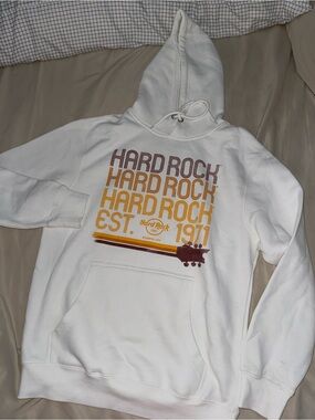 Hard Rock Cafe White Hoodie with Yellow and Brown Logo